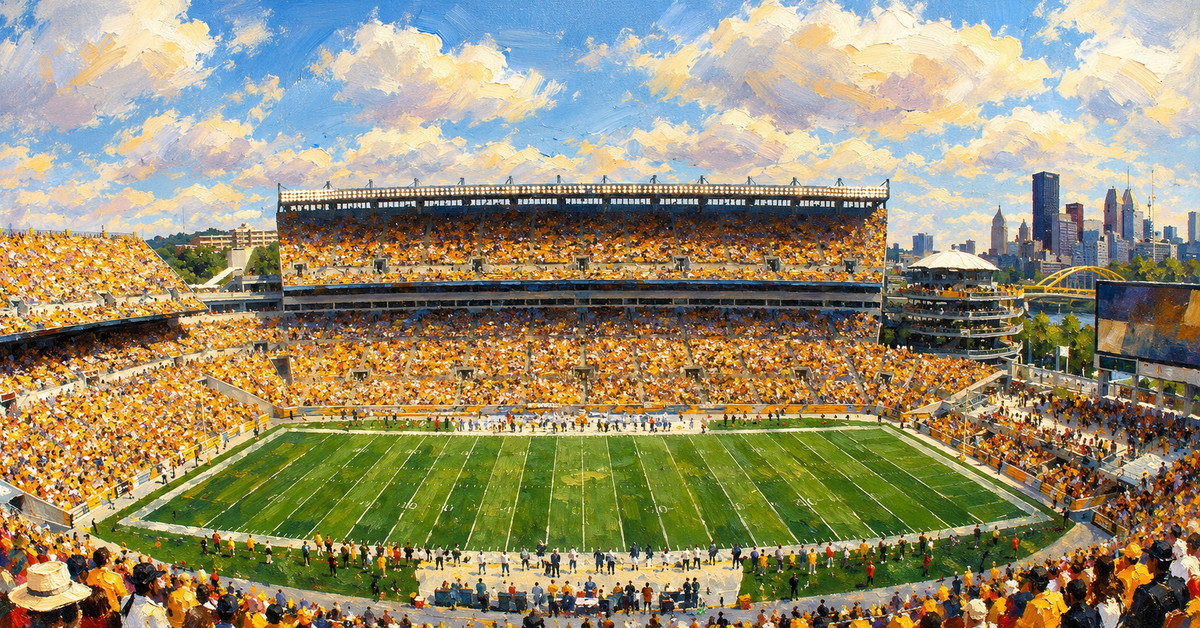 Editorial oil painting of Acrisure Stadium in Pittsburgh, with anonymous figures and unmarked surfaces.