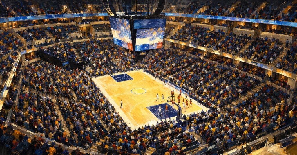 Editorial oil painting of the venue interior in Indianapolis