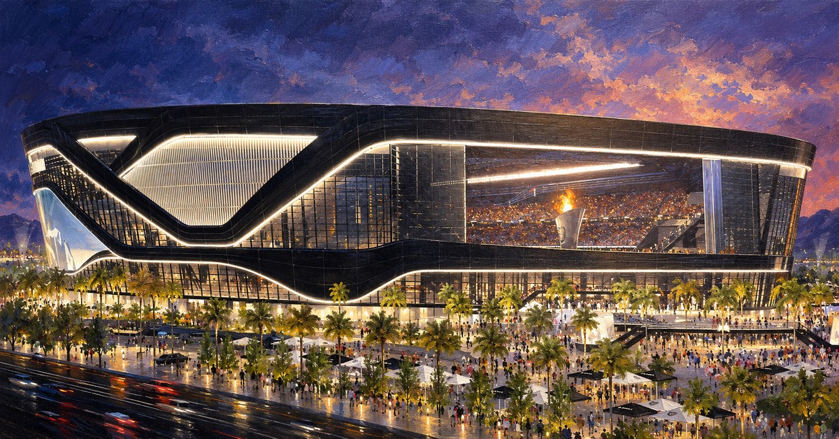 Editorial oil painting of Allegiant Stadium in Las Vegas, with abstract figures and unmarked surfaces.