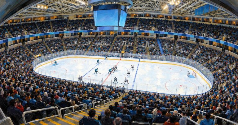 Editorial oil painting of SAP Center at San Jose in San Jose, with abstract figures and unmarked surfaces.
