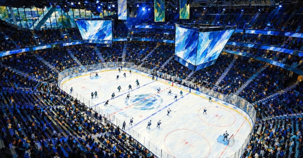 Editorial oil painting of Climate Pledge Arena in Seattle