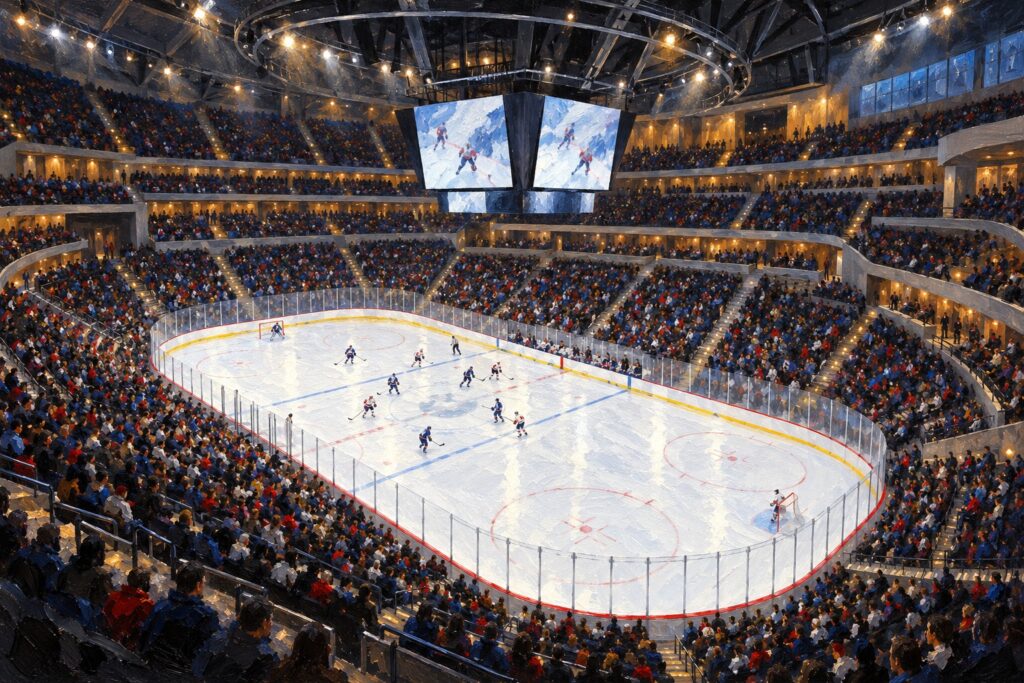 Editorial oil painting of a sports venue