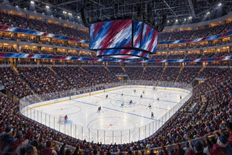 Editorial oil painting of Ball Arena configured for Colorado professional hockey
