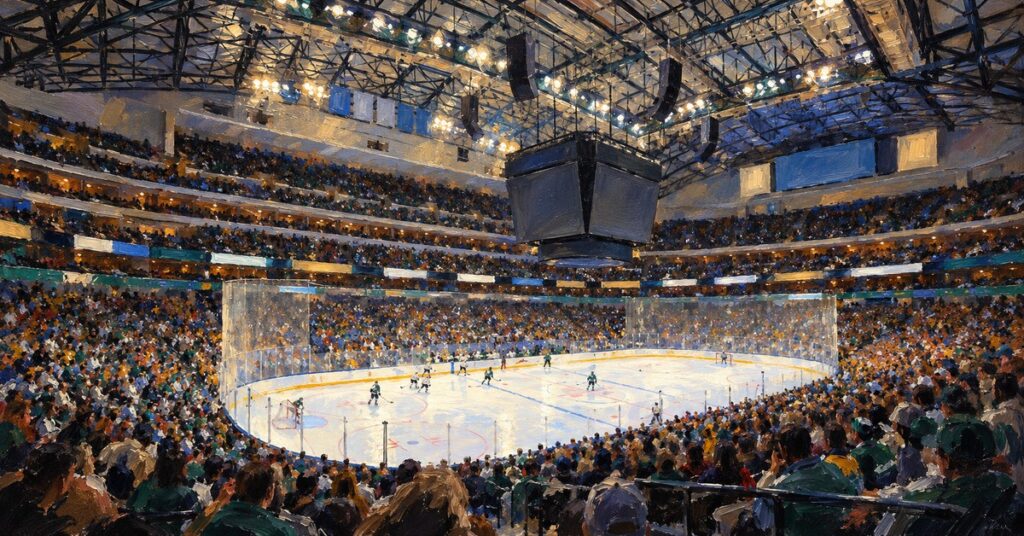 Editorial oil painting of American Airlines Center in Dallas, with anonymous figures and unbranded venue surfaces.