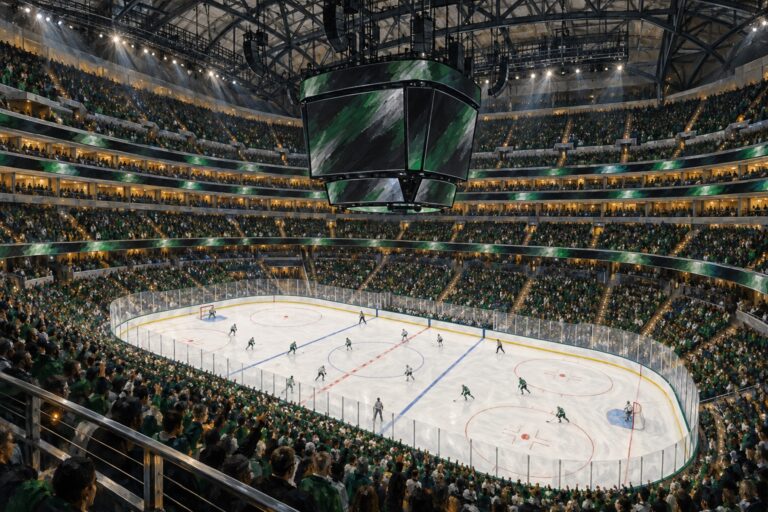 Editorial oil painting of American Airlines Center configured for Dallas Stars hockey.