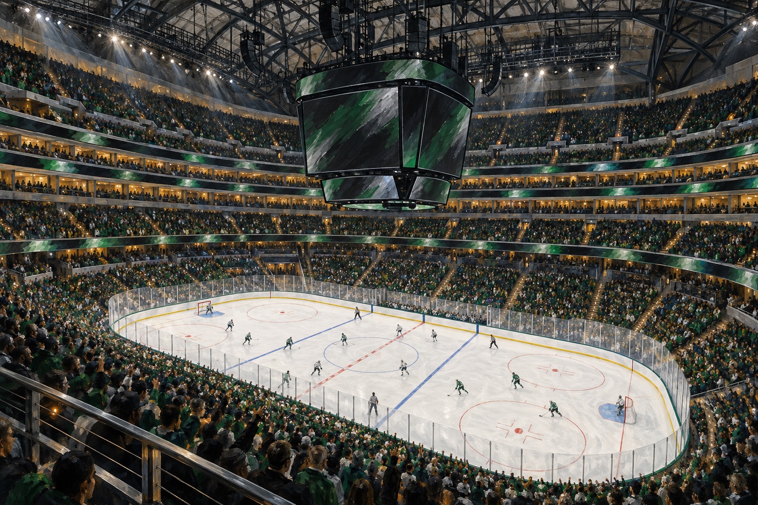 Editorial oil painting of American Airlines Center configured for Dallas Stars hockey.