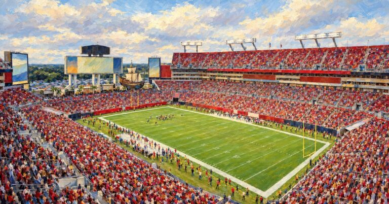 Editorial oil painting of Raymond James Stadium in Tampa, with anonymous figures and unbranded venue surfaces.