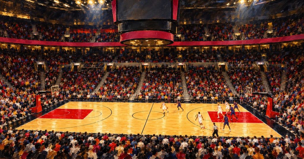Editorial oil painting of Moda Center in Portland, with anonymous figures and unbranded venue surfaces.
