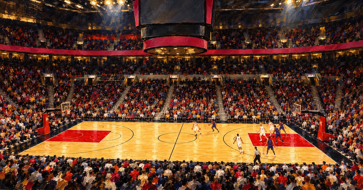 Editorial oil painting of Moda Center in Portland, with anonymous figures and unbranded venue surfaces.