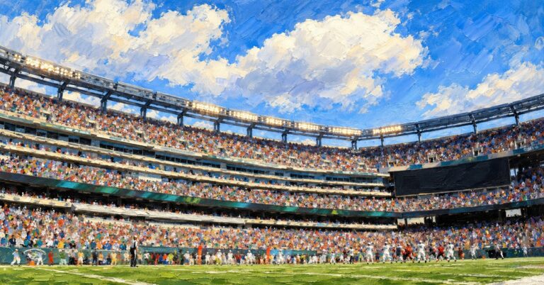 Editorial oil painting of MetLife Stadium in East Rutherford, with anonymous figures and unbranded venue surfaces.