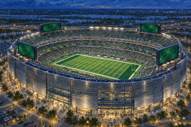 Editorial oil painting of MetLife Stadium in East Rutherford with a green, white, and charcoal Jets game-day atmosphere.