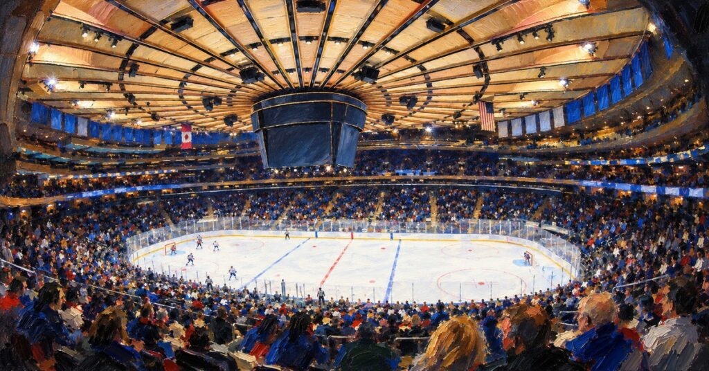 Editorial oil painting of Madison Square Garden in New York, with anonymous figures and unbranded venue surfaces.