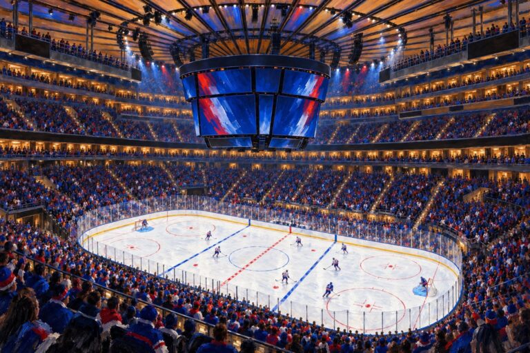 Editorial oil painting of Madison Square Garden configured for New York Rangers hockey.