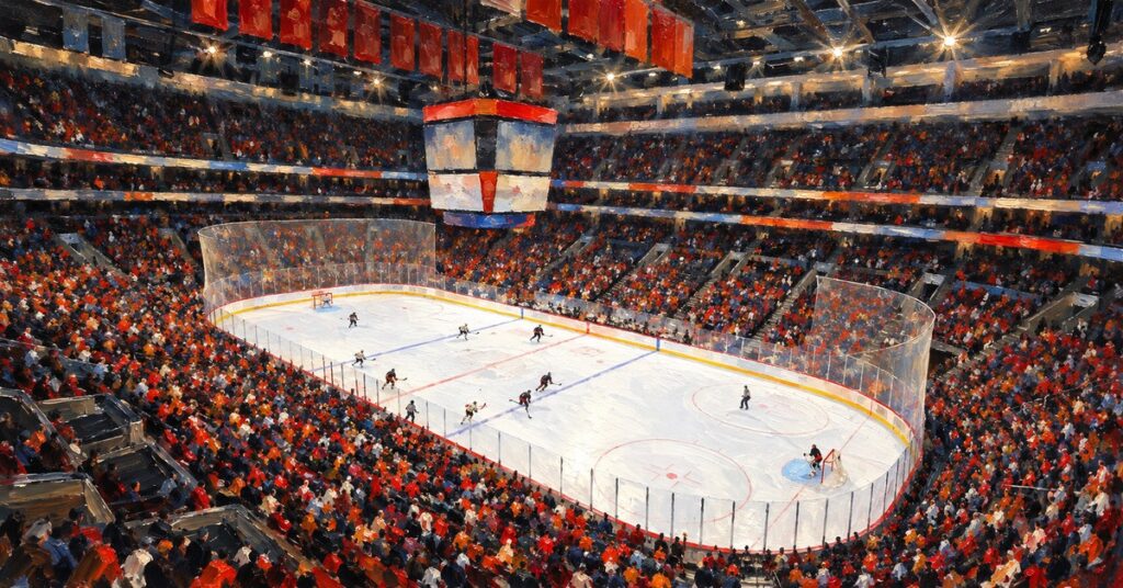 Editorial oil painting of Xfinity Mobile Arena in Philadelphia.