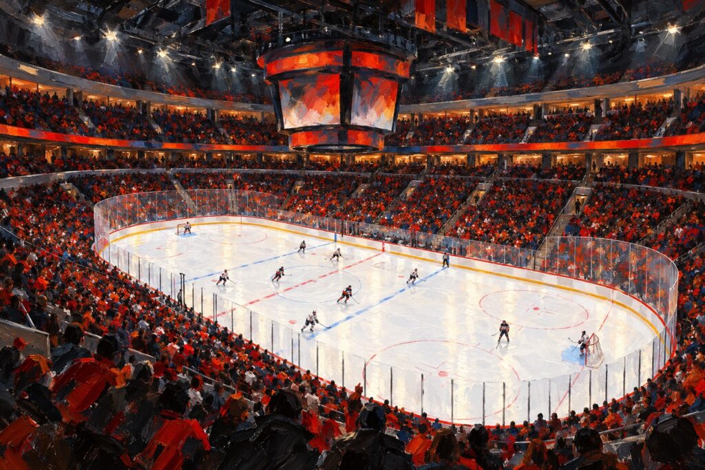 Editorial oil painting of Xfinity Mobile Arena configured for Philadelphia professional hockey
