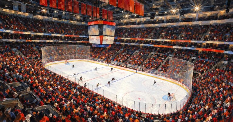 Editorial oil painting of Xfinity Mobile Arena in Philadelphia.