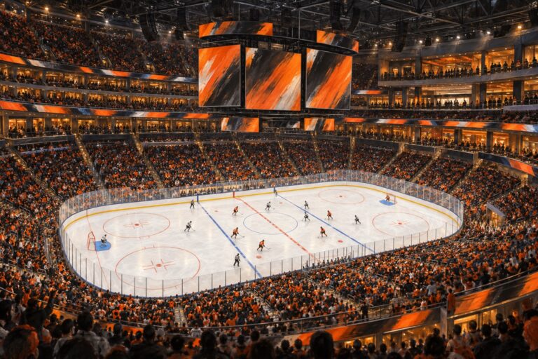 Editorial oil painting of Xfinity Mobile Arena configured for Philadelphia professional hockey