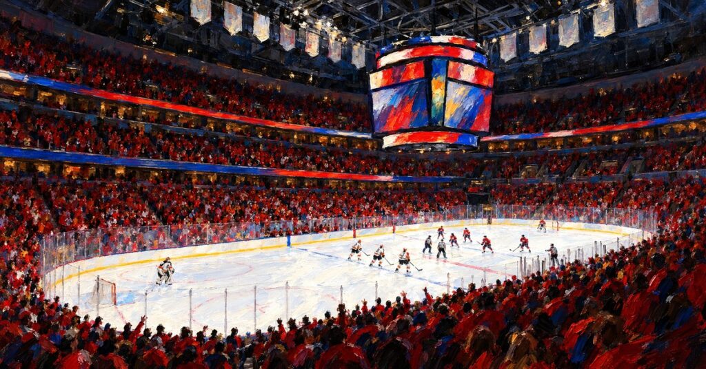 Editorial oil painting of Capital One Arena in Washington.