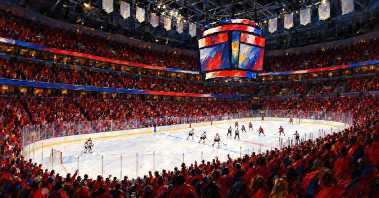 Editorial oil painting of Capital One Arena in Washington.