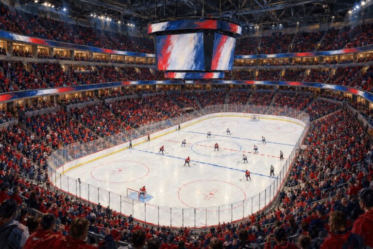 Editorial oil painting of Capital One Arena configured for Washington Capitals hockey in Washington, D.C.