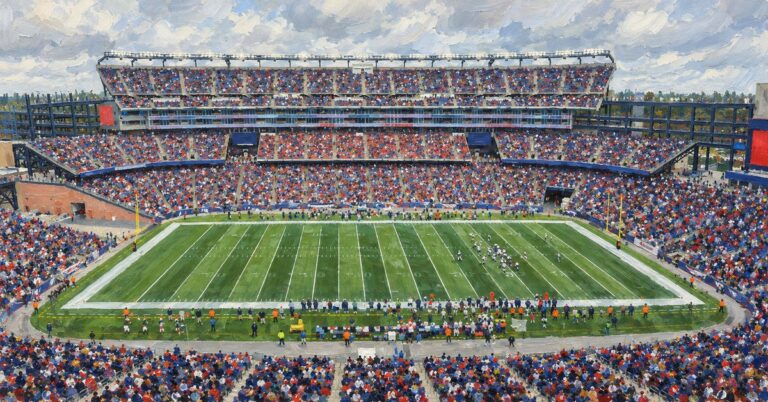 Editorial oil painting of Gillette Stadium in Foxborough.