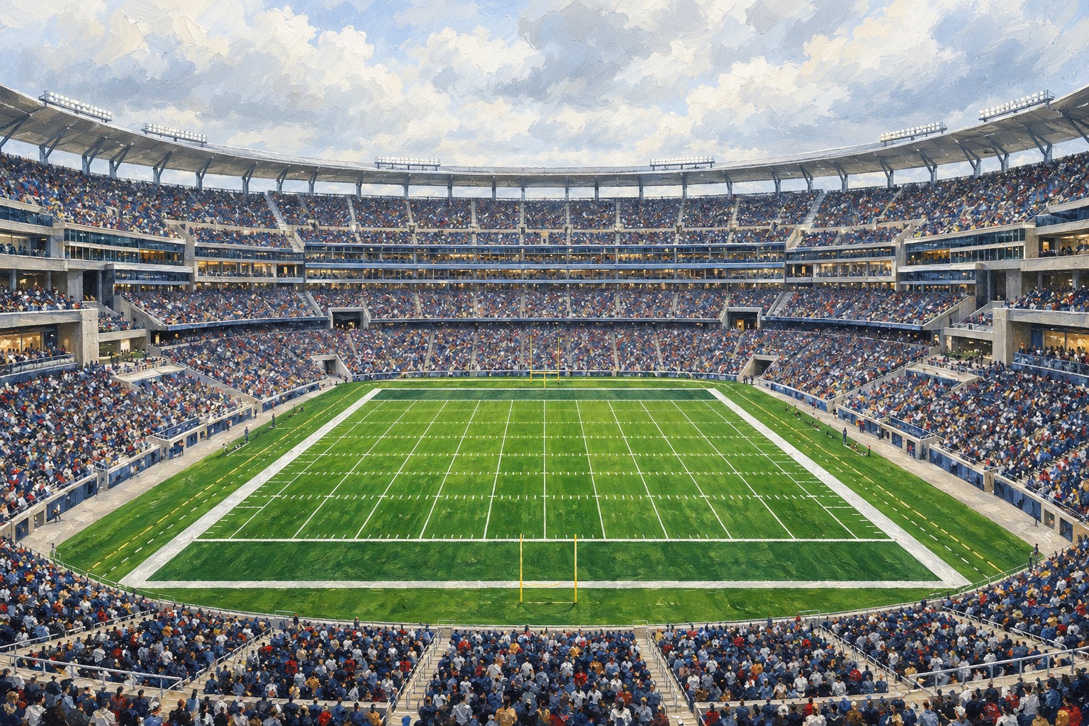 Refined editorial oil painting of a sports venue