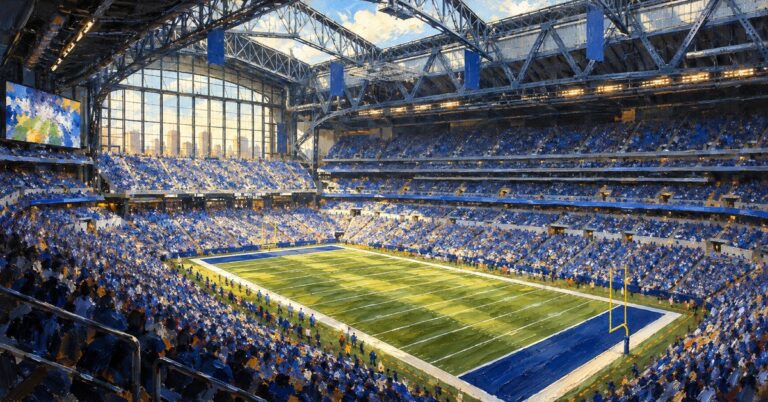 Editorial oil painting of Lucas Oil Stadium in Indianapolis