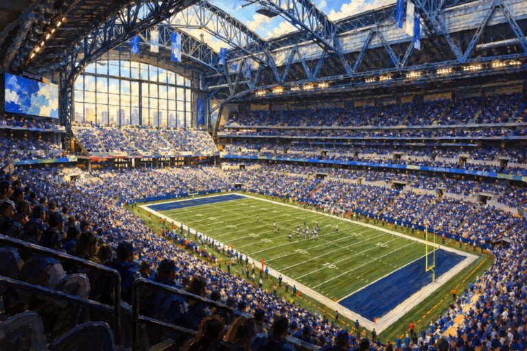 Editorial oil painting of a sports venue with anonymous figures and no branding.