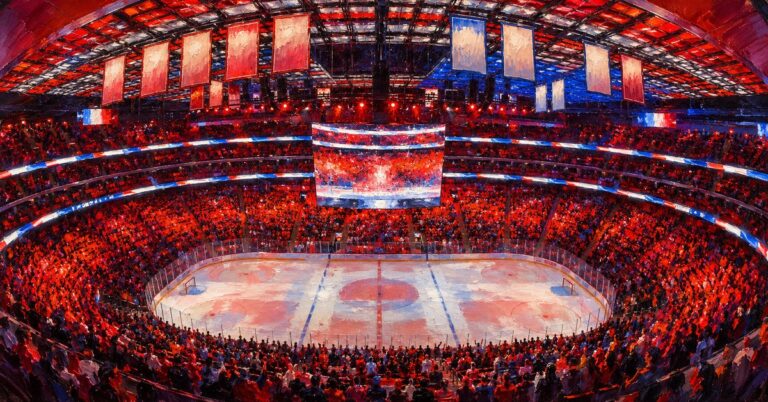 Editorial oil painting of Little Caesars Arena in Detroit