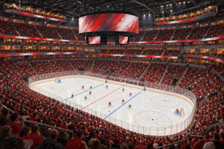 Editorial oil painting of Little Caesars Arena configured for Detroit Red Wings hockey.