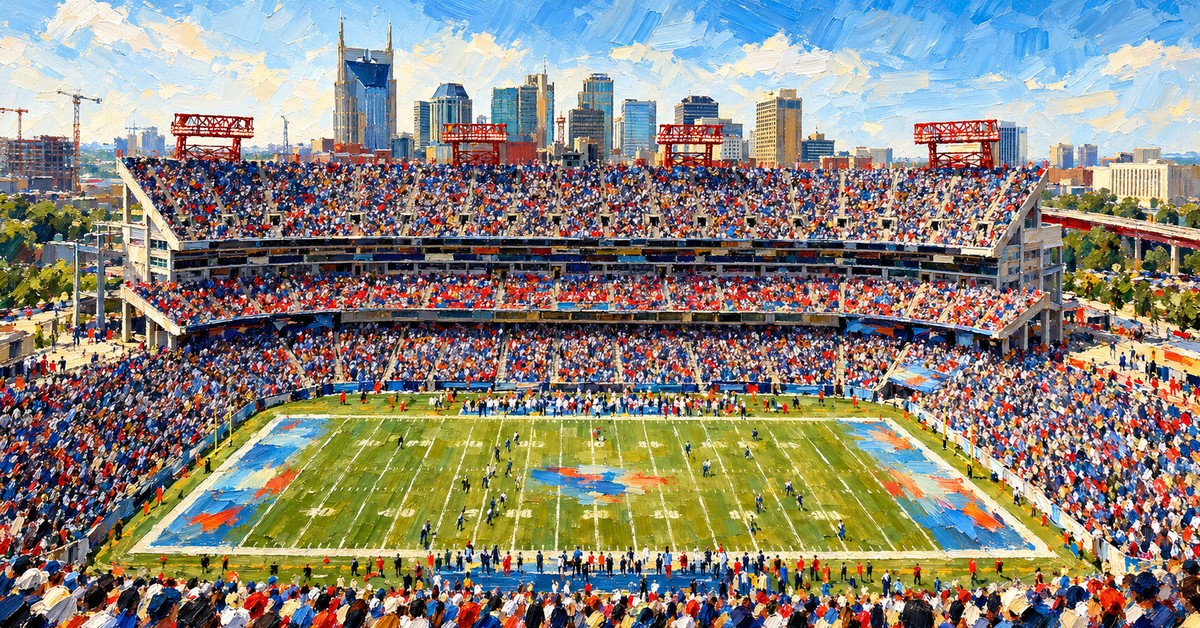 Editorial oil painting of Nissan Stadium in Nashville, with abstracted figures and unbranded architecture.