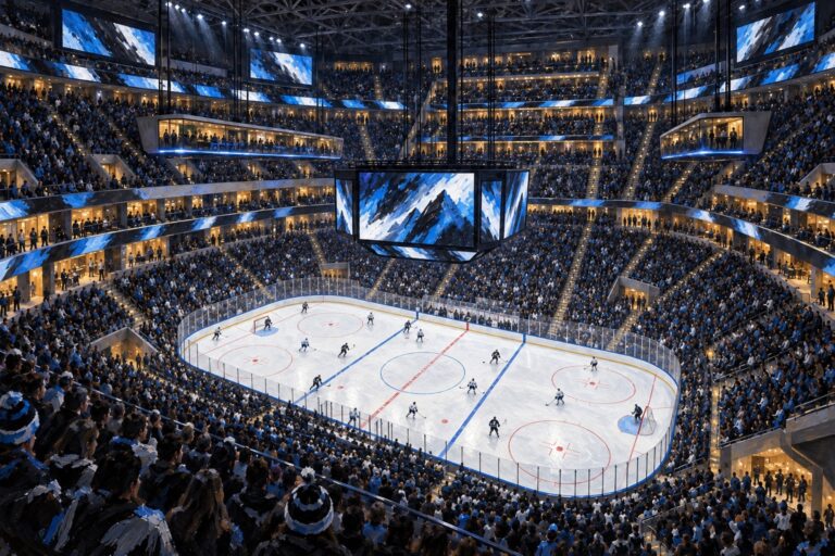Editorial oil painting of Delta Center configured for Utah Mammoth hockey.