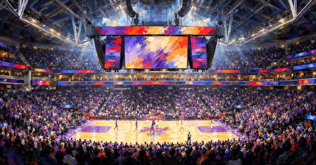 Editorial oil painting of Golden 1 Center in Sacramento, with abstracted signage and anonymous figures.