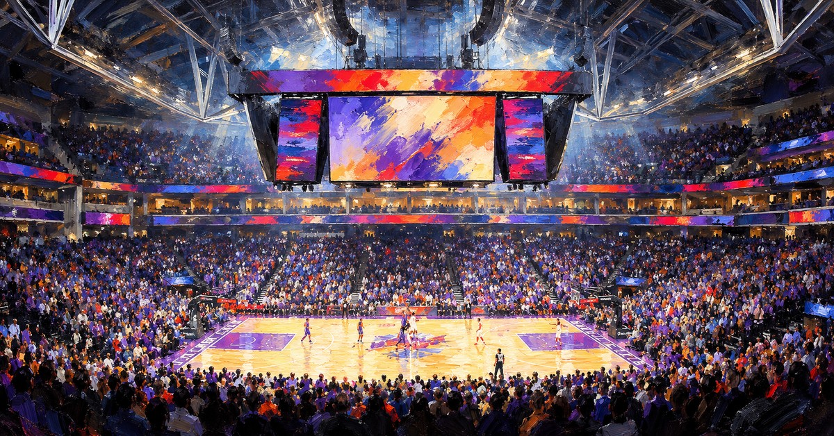 Editorial oil painting of Golden 1 Center in Sacramento, with abstracted signage and anonymous figures.