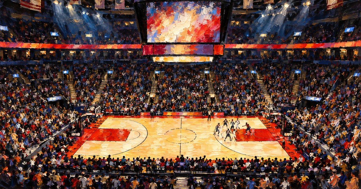 Editorial oil painting of Scotiabank Arena in Toronto, with abstracted signage and anonymous figures.