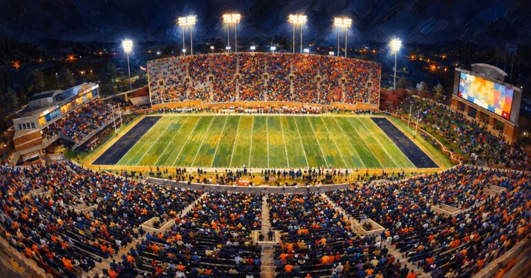 Editorial oil painting of Allegacy Federal Credit Union Stadium in Winston-Salem, with abstracted signage and anonymous figures.
