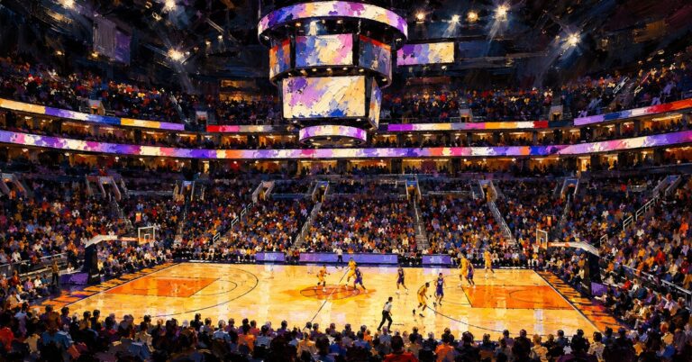 Editorial oil painting of Mortgage Matchup Center in Phoenix, with abstracted signage and anonymous figures.