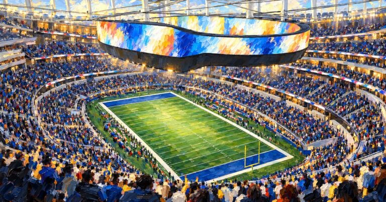 Editorial oil painting of SoFi Stadium in Inglewood, with abstracted signage and anonymous figures.