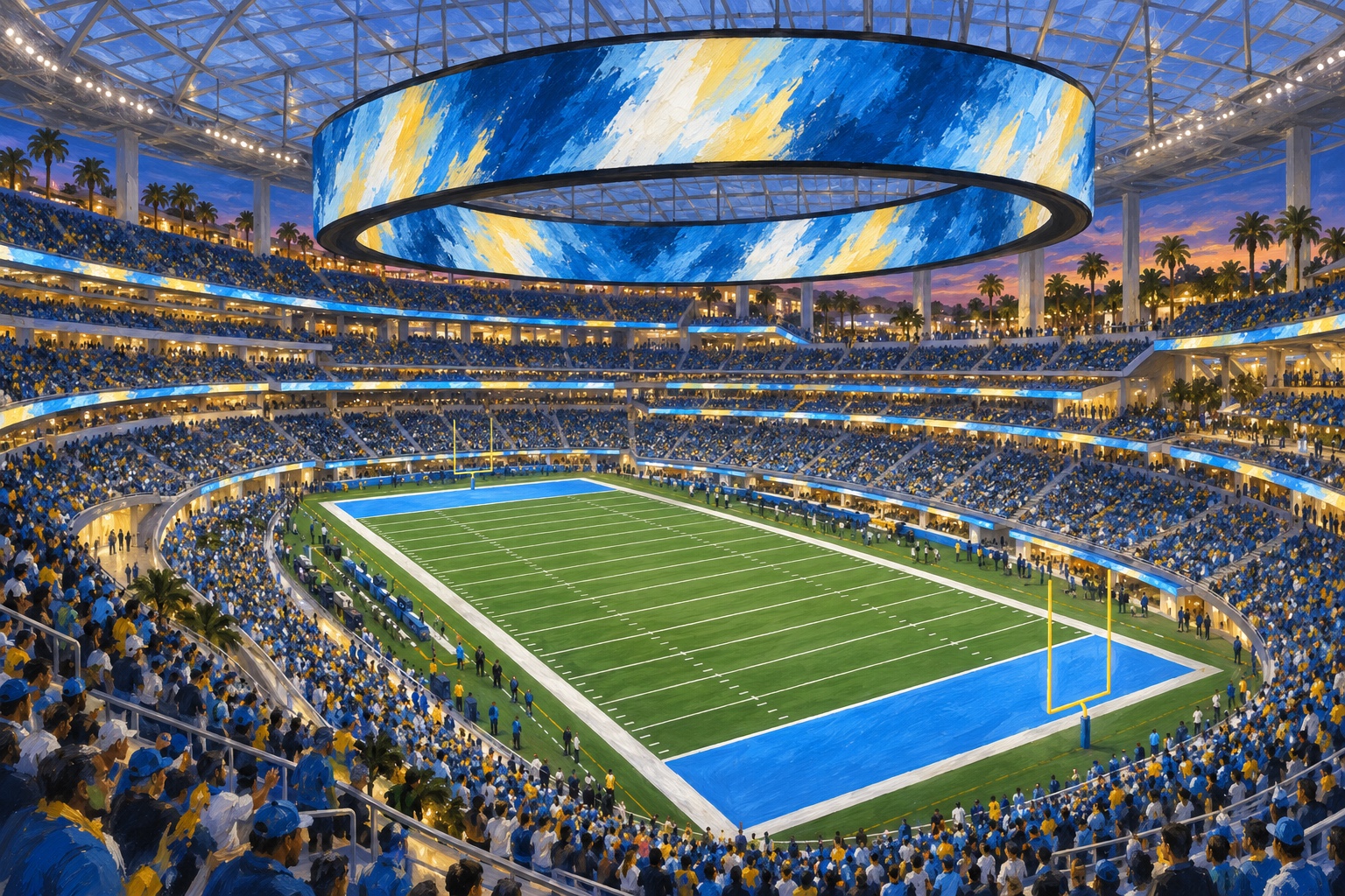 Editorial oil painting of SoFi Stadium in Inglewood with a powder-blue, white, and gold Chargers game-day atmosphere beneath the translucent canopy.