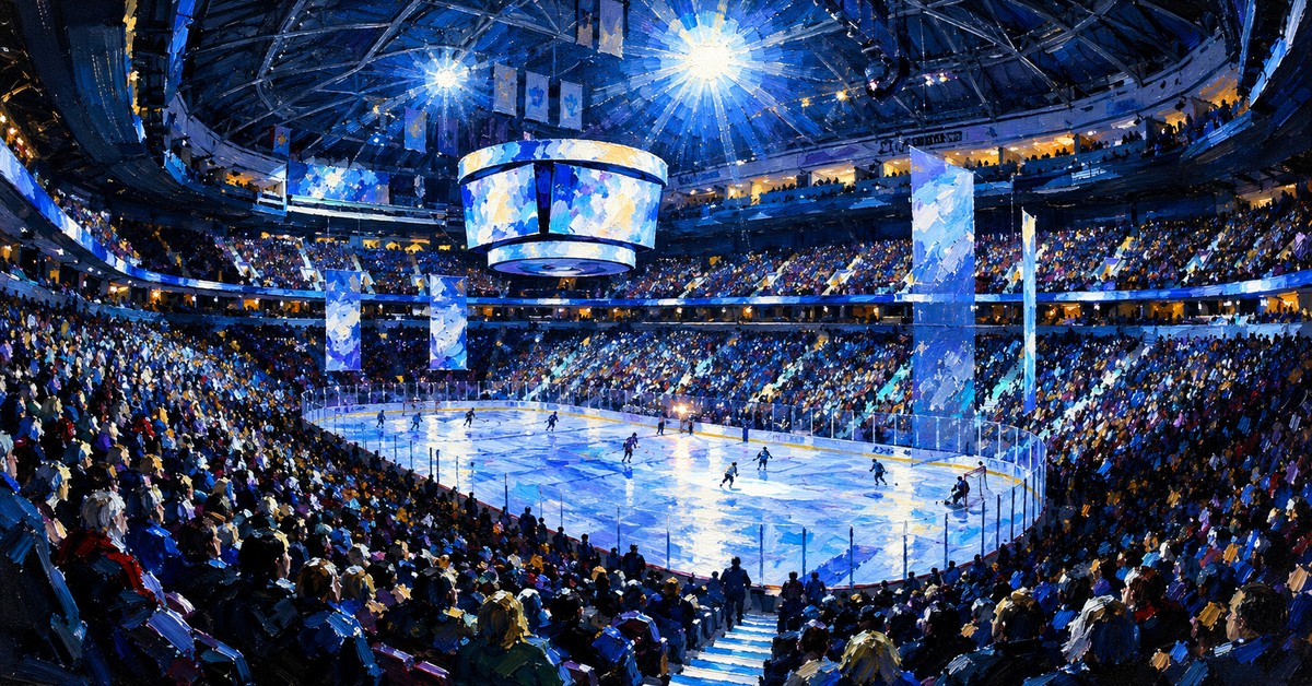 Editorial oil painting of Rogers Arena in Vancouver, with abstracted signage and anonymous figures.