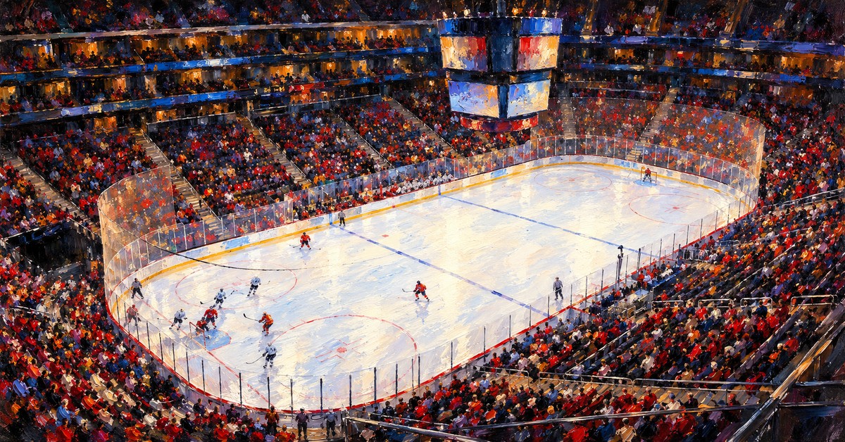 Editorial oil painting of Prudential Center in Newark, with anonymous painterly figures and abstracted signage.