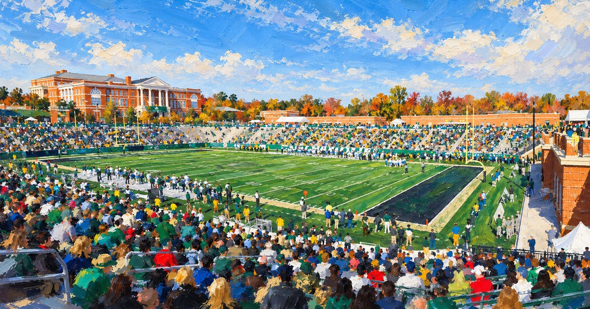 Editorial oil painting of Jerry Richardson Stadium in Charlotte