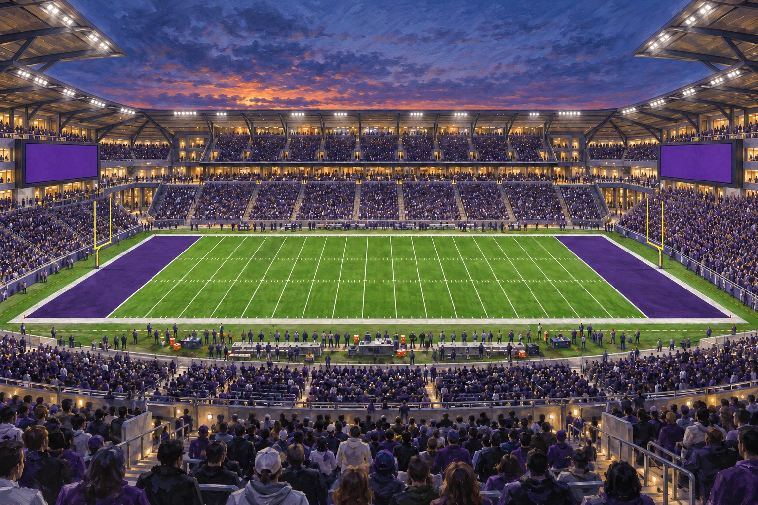 Editorial oil painting of new Ryan Field in Evanston at blue hour.