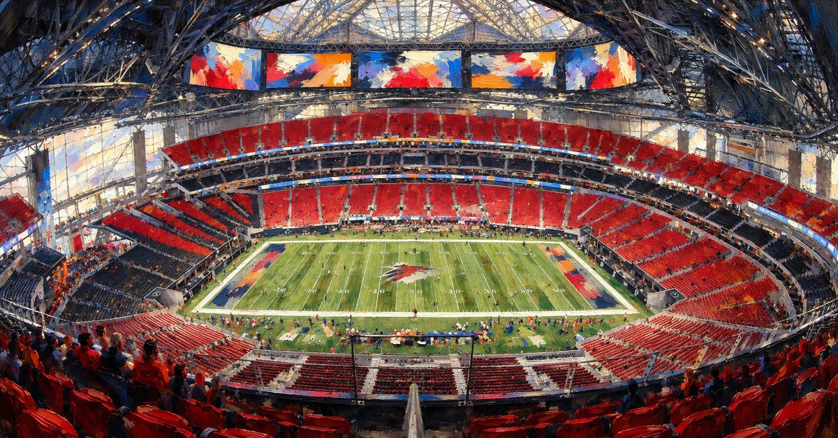 Editorial oil painting of Mercedes-Benz Stadium in Atlanta