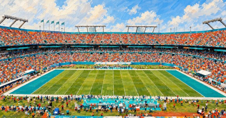 Editorial oil painting of Hard Rock Stadium in Miami Gardens.