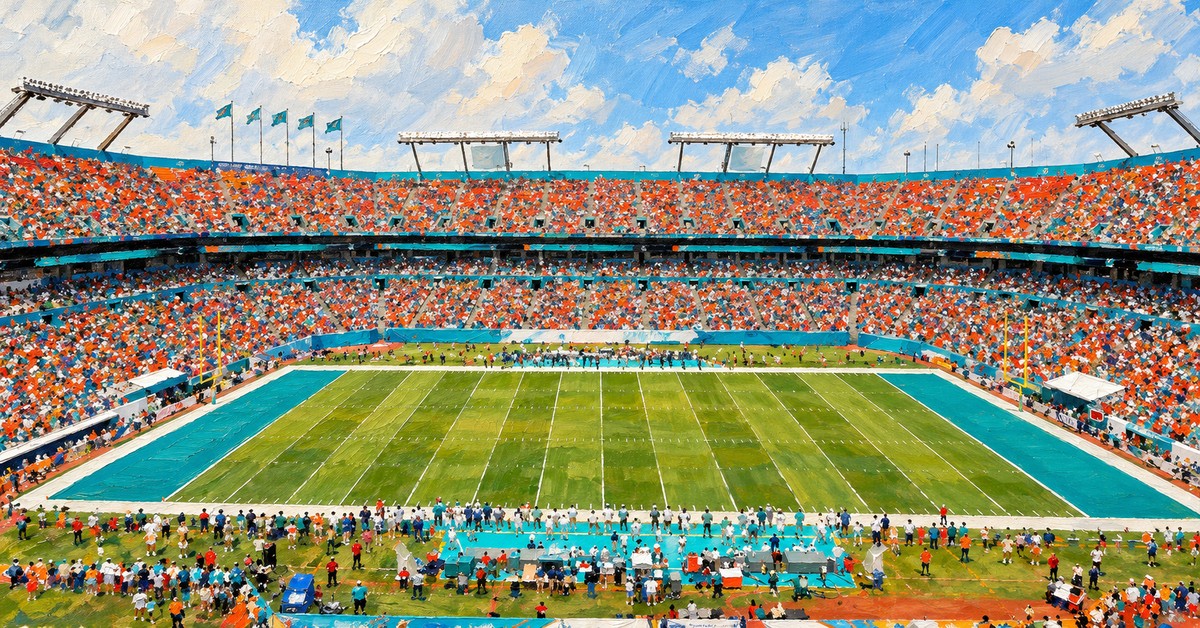 Editorial oil painting of Hard Rock Stadium in Miami Gardens.