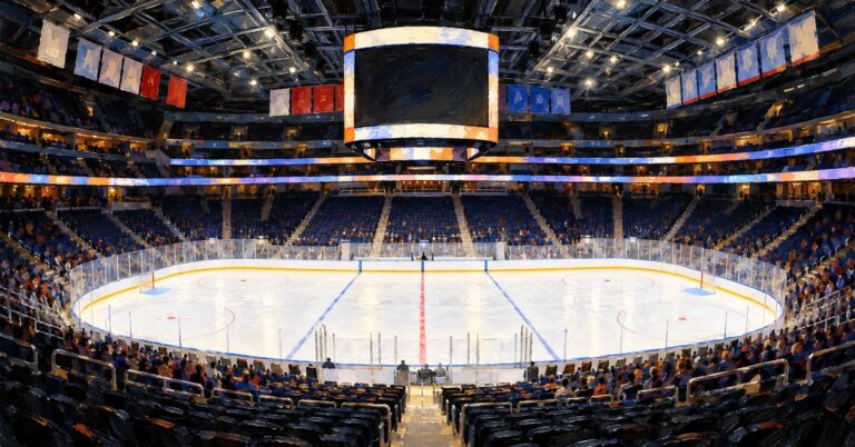 Editorial oil painting of UBS Arena in Elmont.