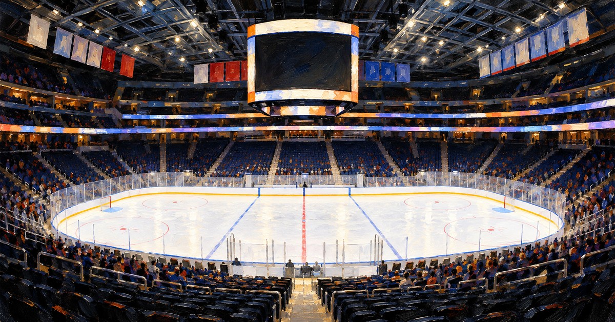 Editorial oil painting of UBS Arena in Elmont.