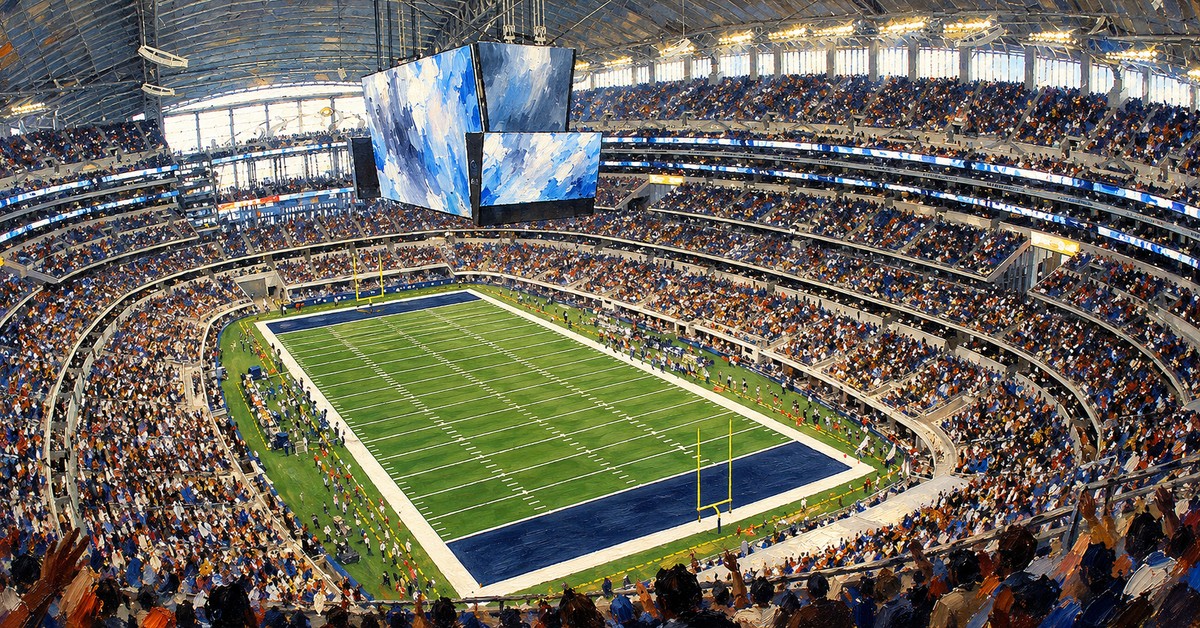 Editorial oil painting of AT&T Stadium in Arlington