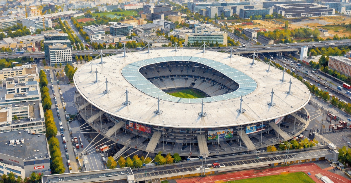 Refined editorial oil painting of Stade de France in Saint-Denis, showing its oval roof and surrounding city from above.